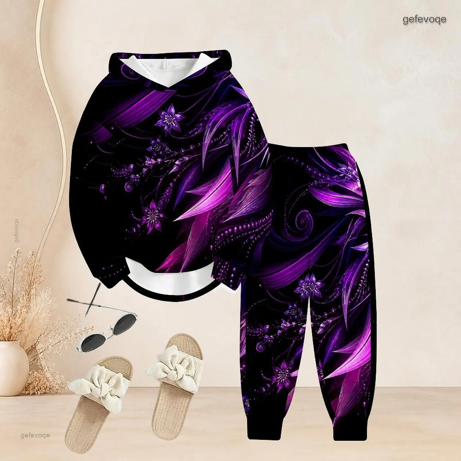 Long Sleeve Hooded Top Cuffed Pants Two Piece Printed Pants Set for Women