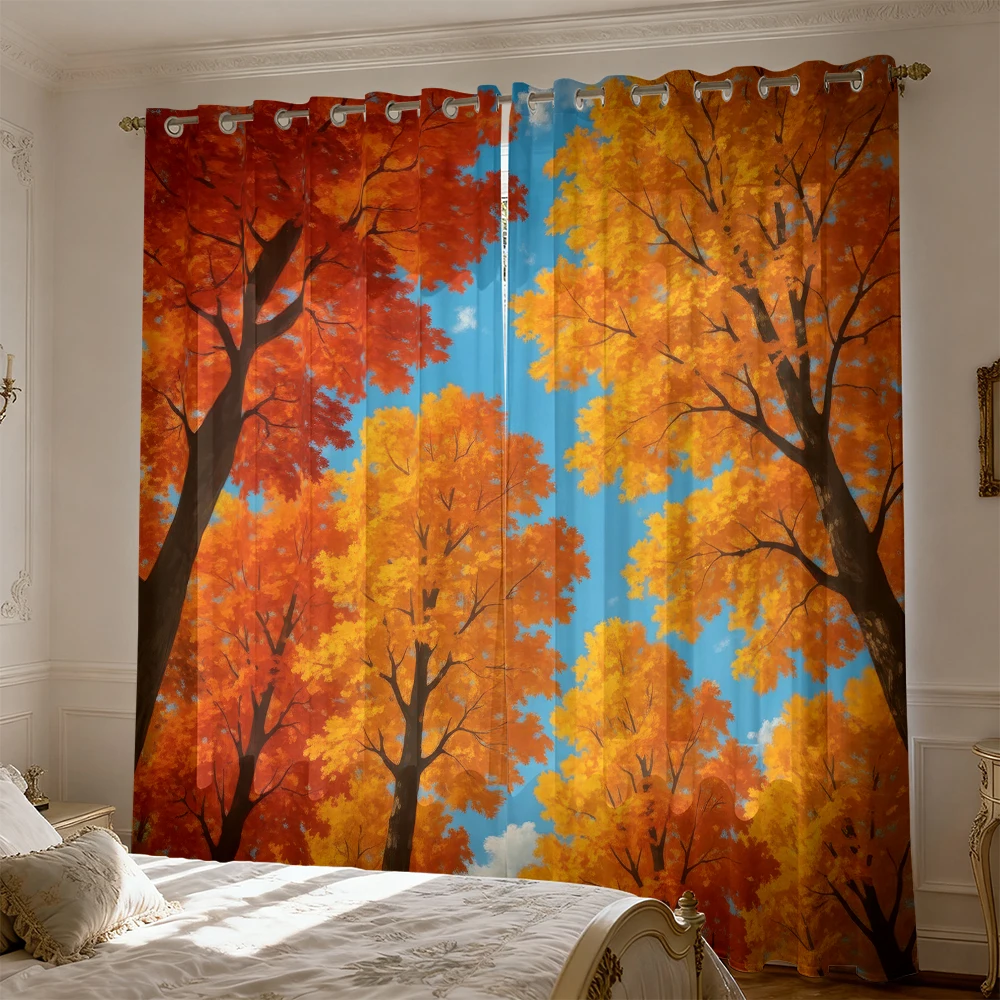 2pcs autumn maple forest-printed curtains for shading bedrooms and home fashion decoration