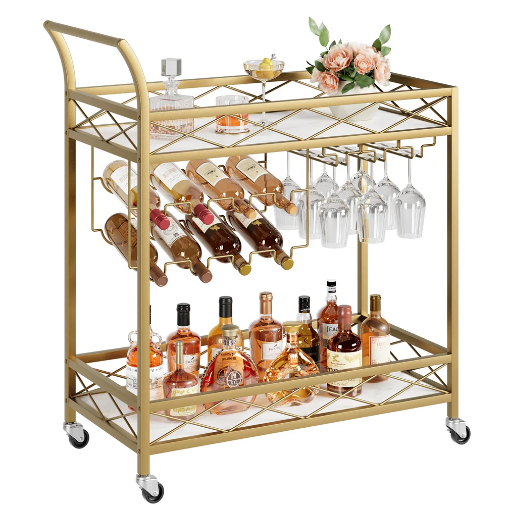 Gold Bar Cart, 2 Tier Bar Carts for The Home, Bar Carts with 4 Wheels, White Marble Finish Wood Shelf, Wine Rack & Glass Holder