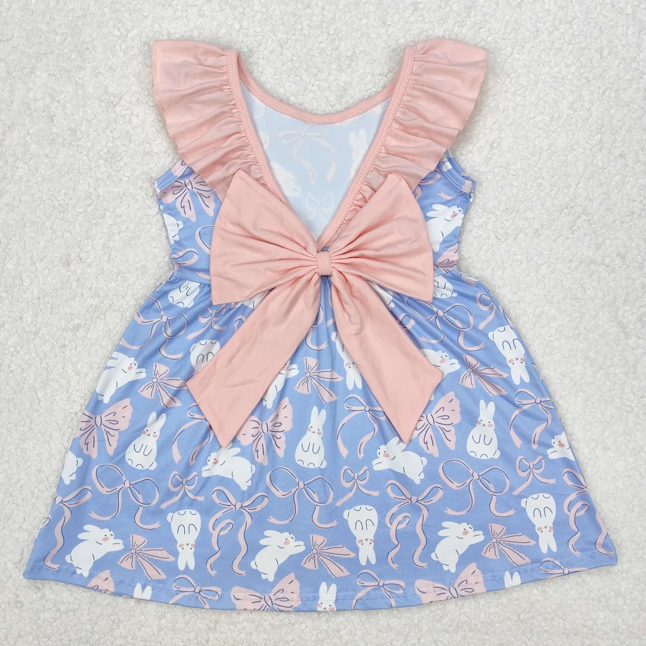 Wholesale Infant Toddler Sleeveless Rabbits Bows Ruffle Dress Kids Children Easter Knee Length Baby Girl Blue Clothes