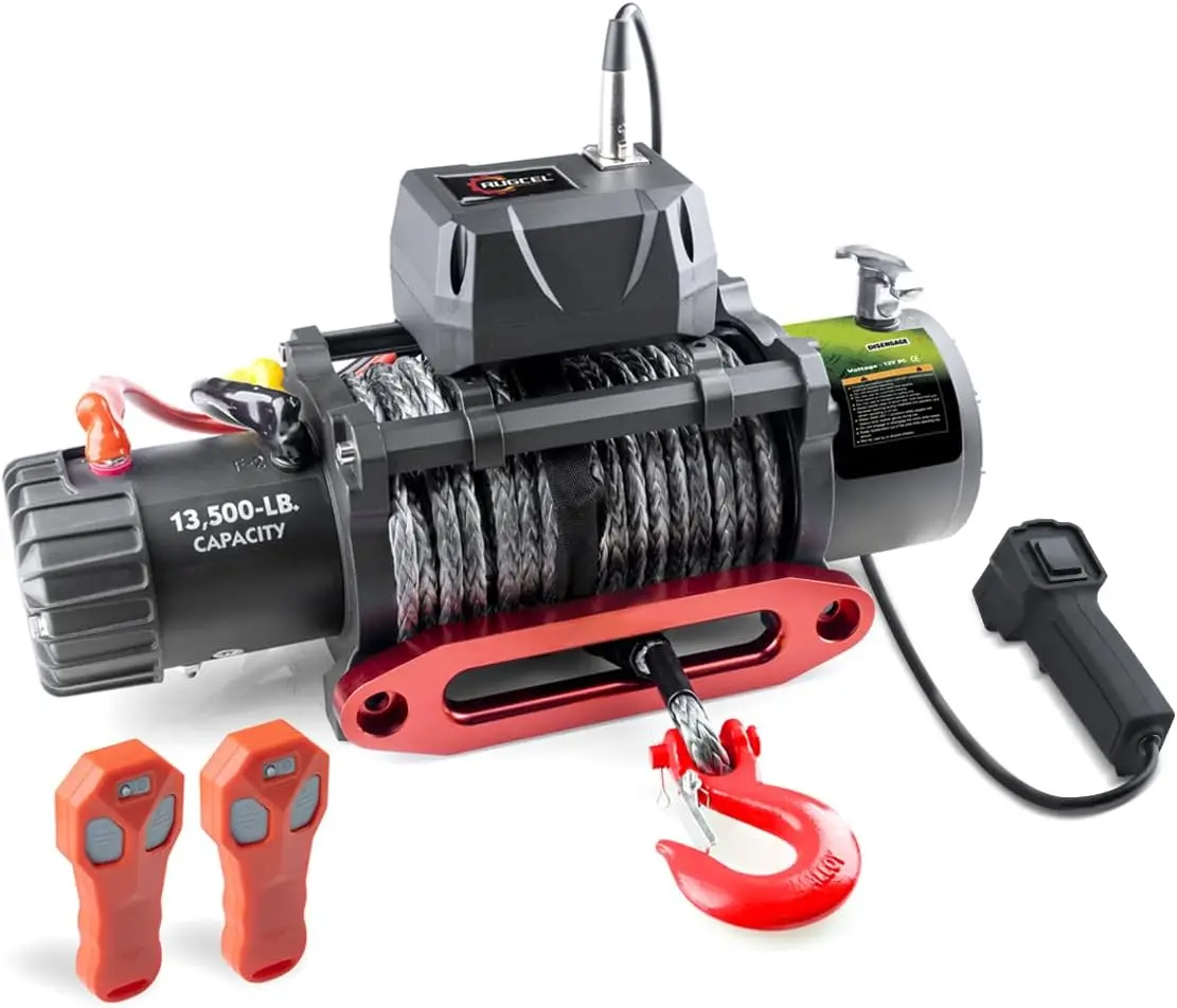 

13500lb Waterproof Electric Black Synthetic Rope Winch with Hawse Fairlead, Wired Handle and 2 Infrared Remote(13500LB Black)