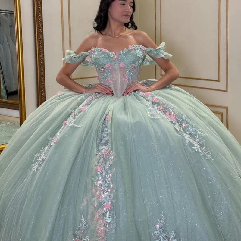 

Shiny olive green Quinceanera Dress off-shoulder Lace crystal decal 3D flower Long tail vestidos de 15 Quinceanera ﻿Customize