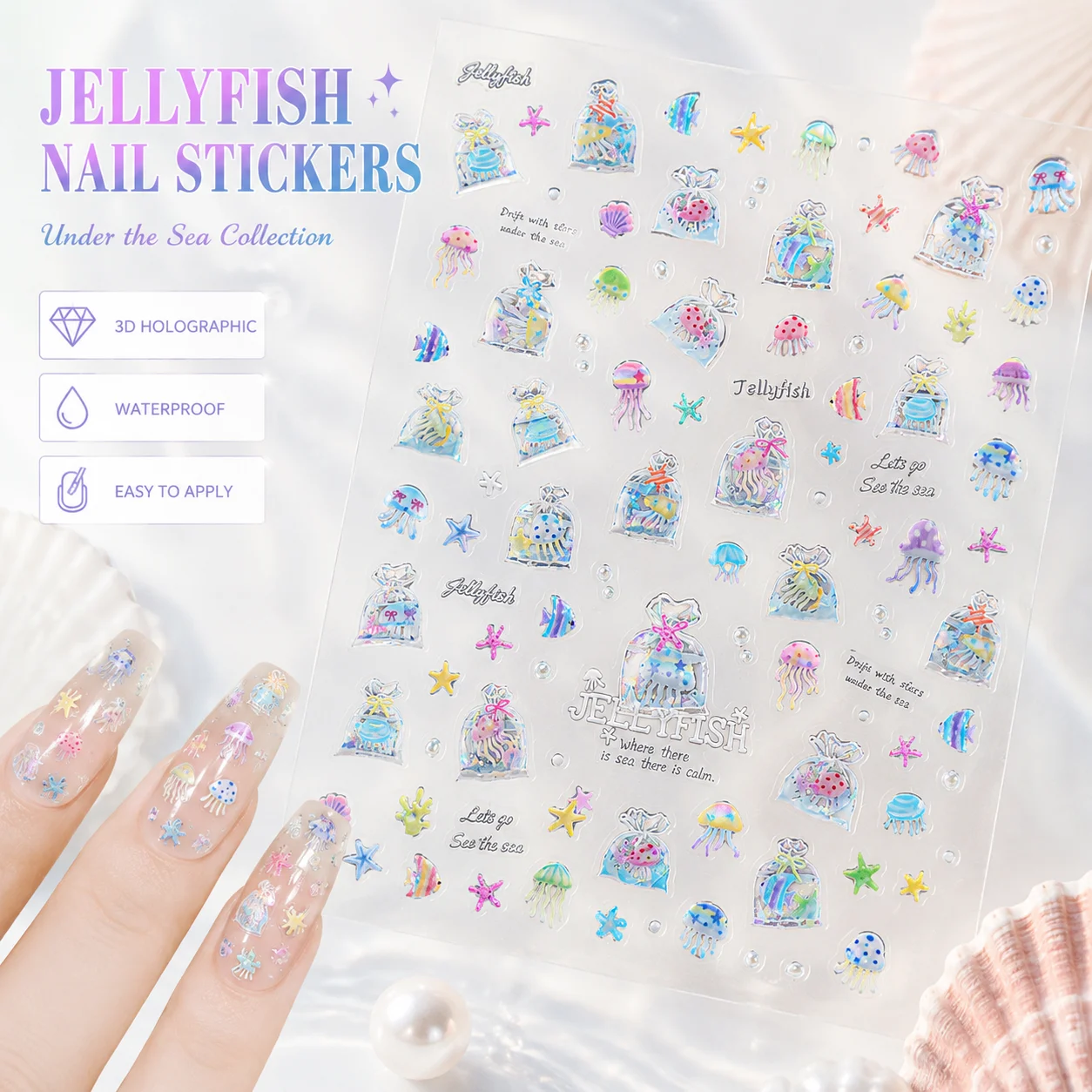 Aurora Ocean Jellyfish Shell Starfish Nail Stickers 5D Cute Holographic Sea Animal Nail Decals  DIY Nail Art Decoration Manicure