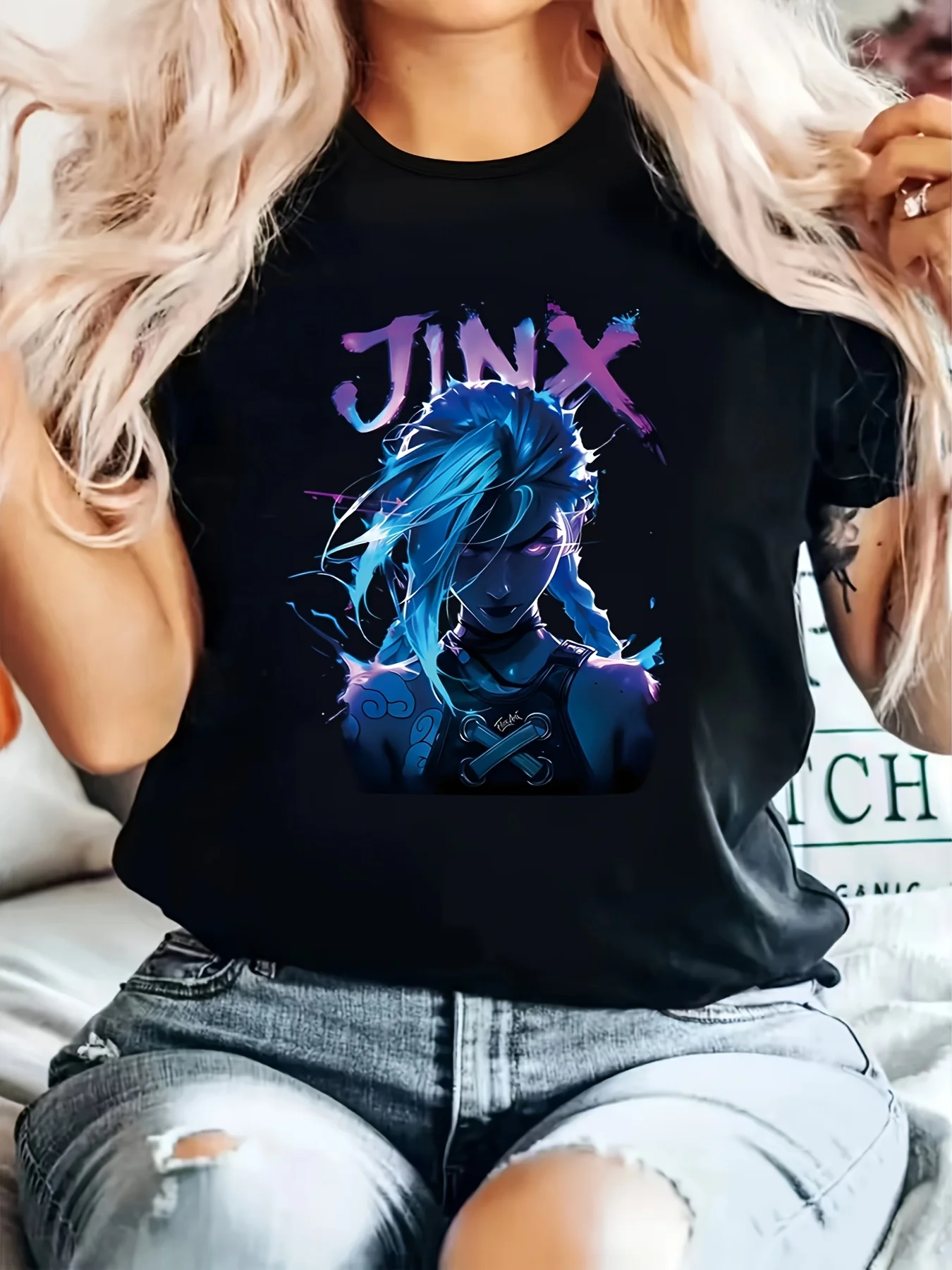 

Фестивальная тема Jinx, аниме-персонаж, женская стильная повседневная футболка с принтом, одежда с графикой и коротким рукавом, унисекс, всесезонная