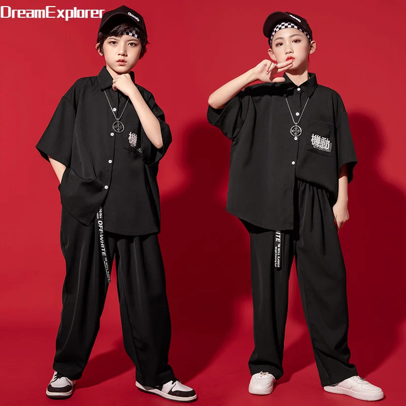 

Boys Street Dance Black Shirt Joggers Girls Hip Hop Clothes Set Kids Cool Jazz Loose Sport Pants Outfits Teen Costume Streetwear