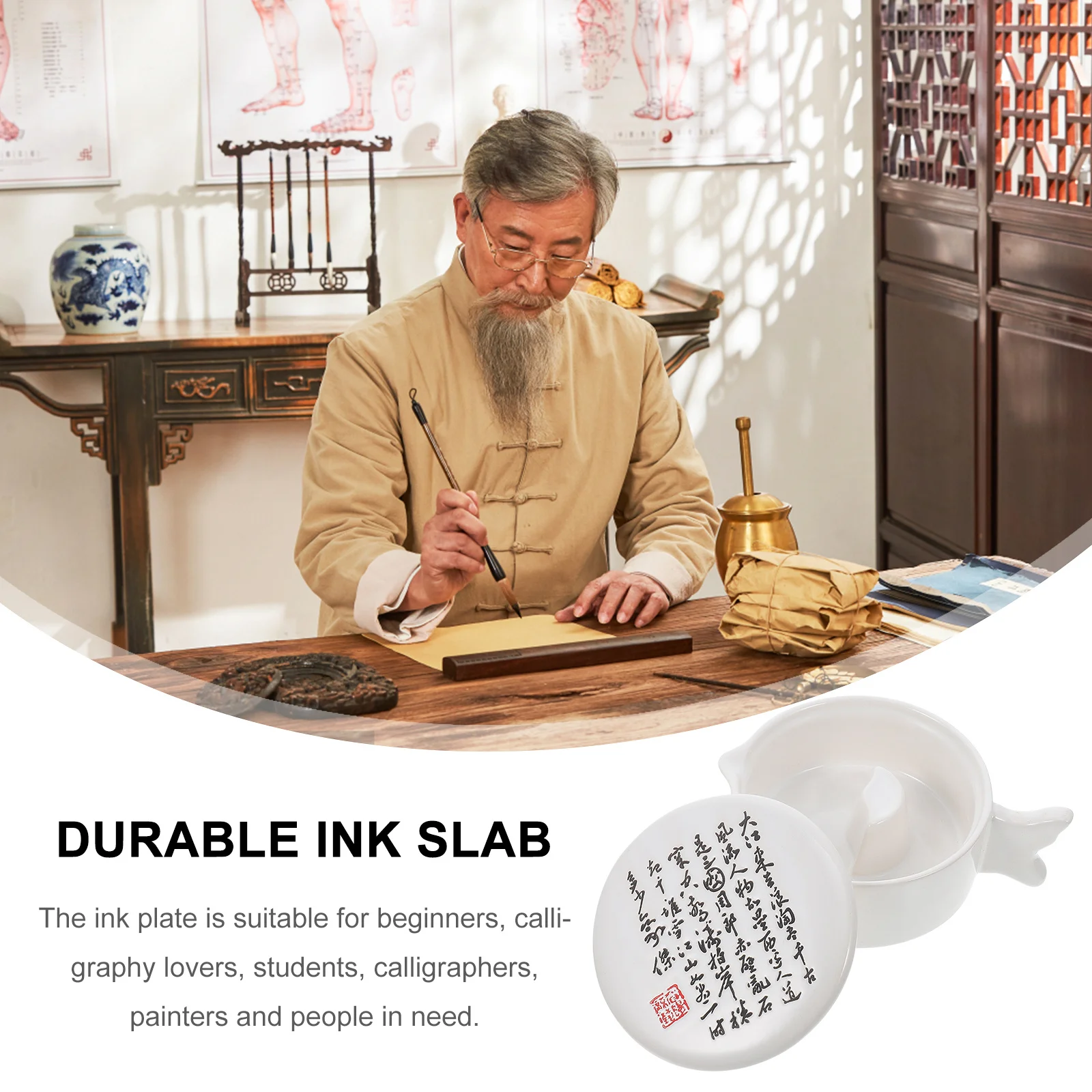 

Durable Ceramic Inkstone with Cover Mini Traditional Calligraphy Inkstone Practical Painting Drawing Accessory