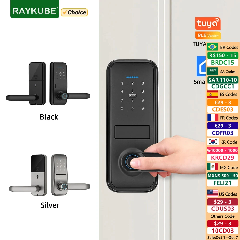 RAYKUBE P13 Smart Biometric Fingerprint Door Lock Electronic Door Lock Tuya/Smartlife App Set Fingerprint/ Password/ Card Unlock