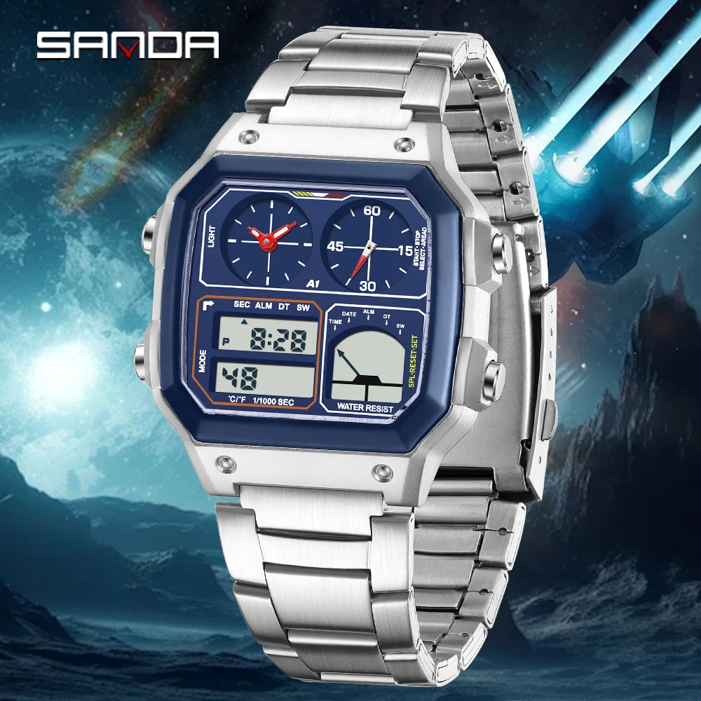 

SANDA 6257 модные мужские электронные часы спортивные многофункциональные часы с календарем ночник водостойкий будильник цифровые часы