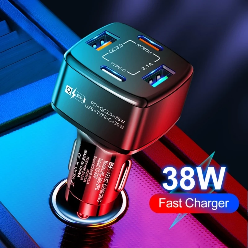 Cargador coche USB C 38W con adaptador carga rápido 4 puertos para teléfonos y auriculares que viajan