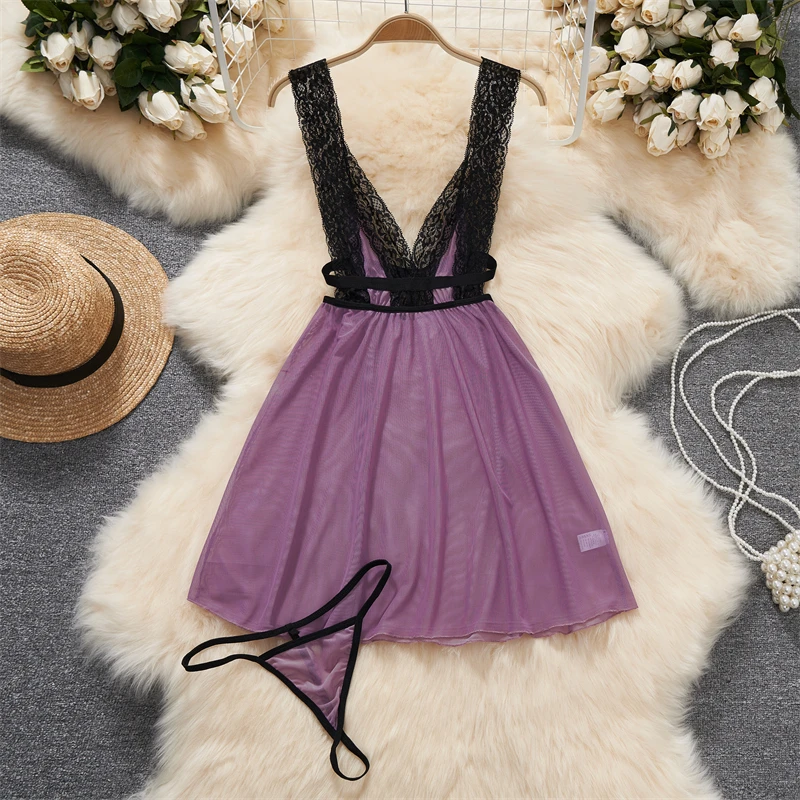 Rot Weiß Kontrast Frauen Strap Sheer Kleid V-ausschnitt Hohl Backless Dünnes Kleid Krankenschwester Cosplay Uniform Sexy Dessous Erotische Nachtwäsche