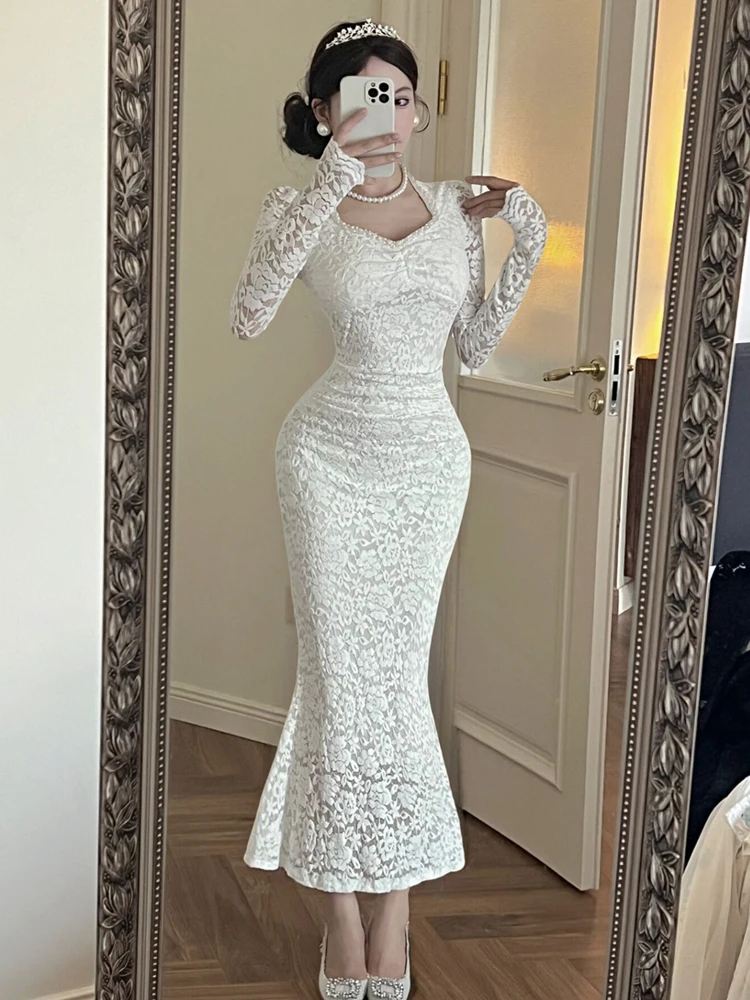 Coreano primavera elegante feminino rendas magro sereia vestido mujer luxo grânulo gola quadrada manga longa bodycon vestidos
