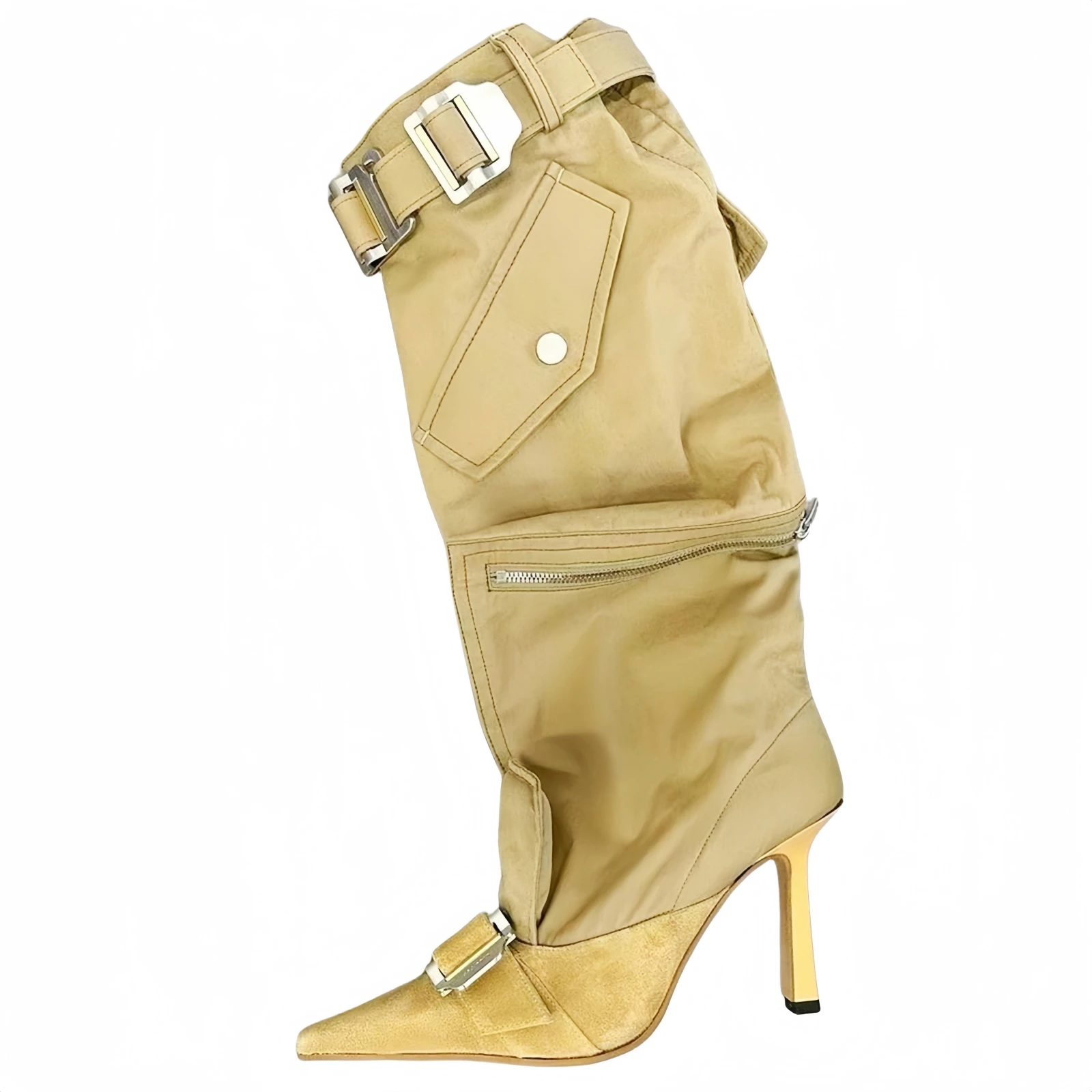 

2024 European American Pointed High Heeled Workwear Pants Large Tube Circumference Metal Belt Buckle Thin Heeled Women's Boots