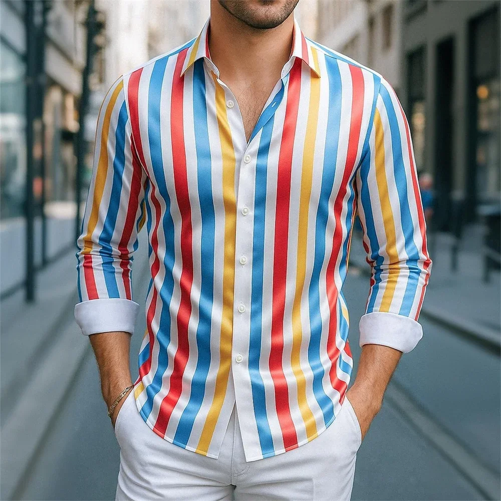 Men's new striped contrasting shirt, long-sleeved lapel, single-breasted spring and autumn business casual classic clothing men'