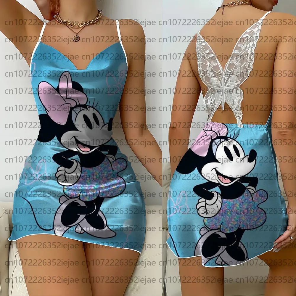 

Women's Sexy Nightgown, Silky Home Wear, Christmas Mickey Mouse Women's Camisole Nightgown, Lace Butterfly Backless Print Dress