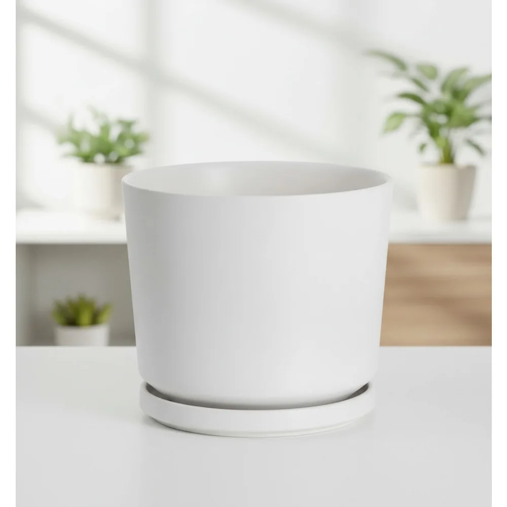 

9 Inch Ceramic Plant Pots with Drain Hole & Saucer, Modern Succulent Containers for Home Office Decor