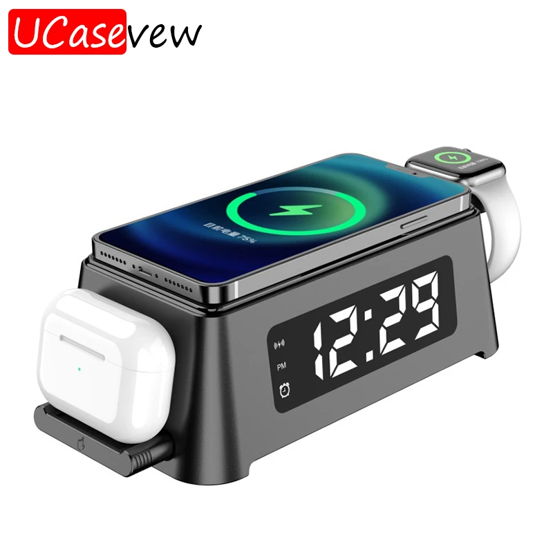 Wireless Charger Alarm Clock LED Light Charger 15W Fast Charging Station for iPhone 11 12 13 14 15 16 Watch S9 8 Samsung S24 S23