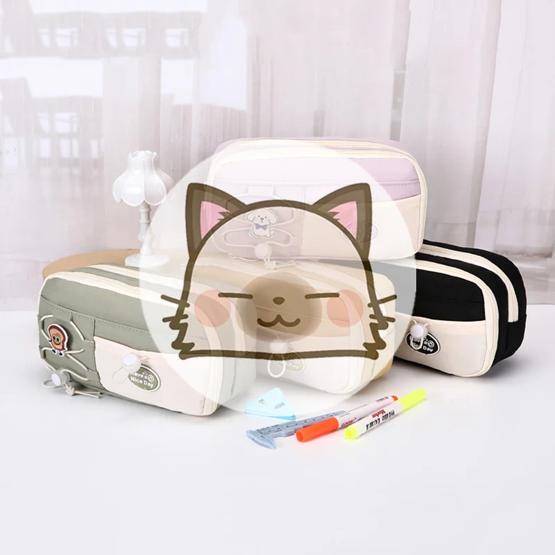 New Simple Large Capacity Student Pencil Case Multi-layer Flip Style Cute Pencil Pouch INS Canvas Gel Pen Organizer Kids