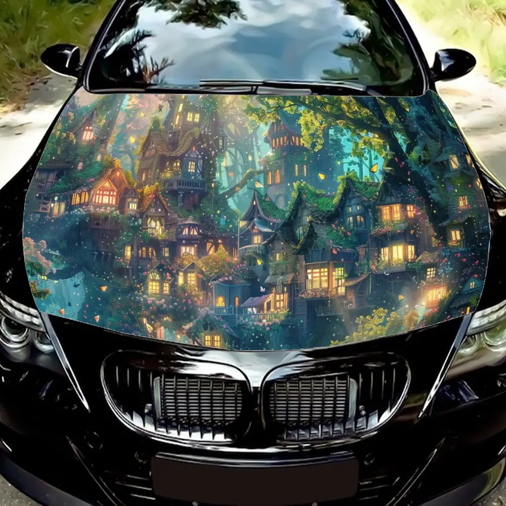 Beautiful Forest City Houses Print Car Hood Wrap Color Vinyl Sticker Truck Graphic Bonnet DIY Auto Accessories Decoration Decal