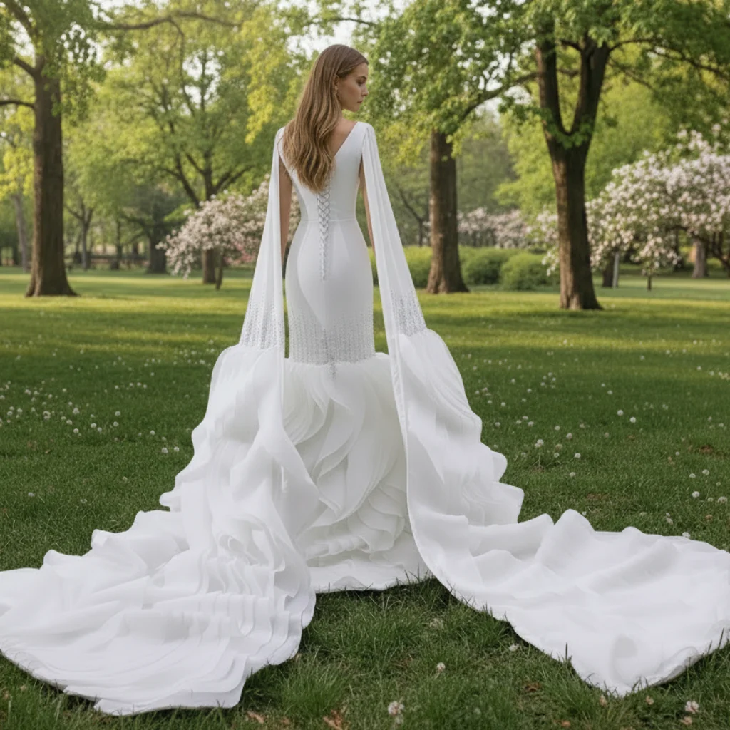 Rosymae High-End Unique Ruffles Trumpet Wedding Dress with Flutter Long Sleeve Elegant Bridal Gown for Wedding vestido de noiva
