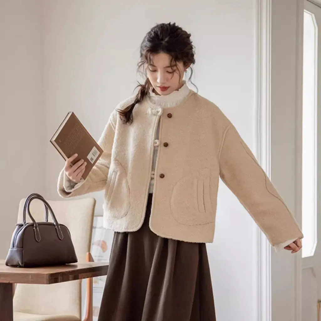 

Women's Style Wool Jacket Autumn Winter French Style Loose Fit Retro round Neck Trendy Top Sweet Outerwear