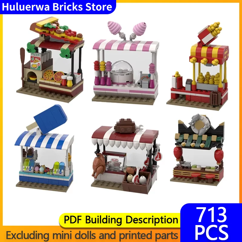 City Street View Model MOC Building Bricks Pedestrian Street Stalls Modular Technology Gifts Holiday Assemble Children Toys Suit