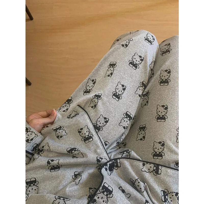 Sanrios Pajamas Hello Kittys Cute Printing Girl Spring Autumn New Anime Figure Long Sleeves Trousers Girly Style Lounge Clothes