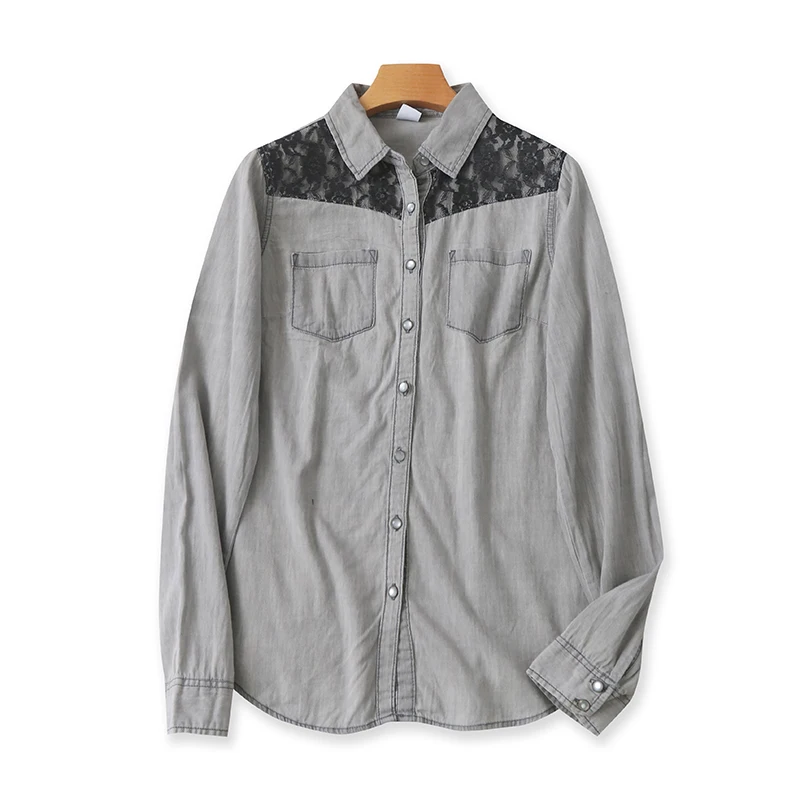 

Casual Collared Denim Lace Hook Flower irt Women's Loose Fit Long Sve Button up Spring Autumn New Sle 2352