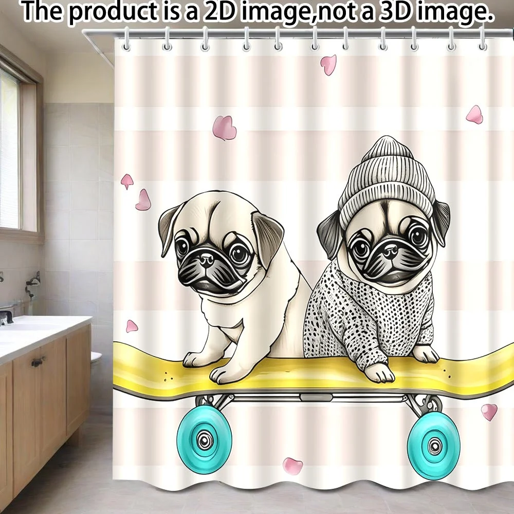 Cortina de ducha con diseño de perro Pug, cachorro lindo en monopatín, fondo de corazones rosas, decoración de baño con animales de dibujos animados, poliéster impermeable