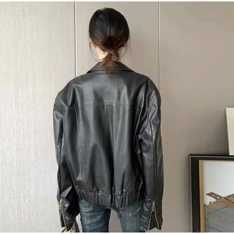 Motorcycle Jacket Graffiti Women\'s Motorcycle Leather Jacket PU Material Woman\'s Biker Coat Lapel Punk Jacket Rock Biker Clothes