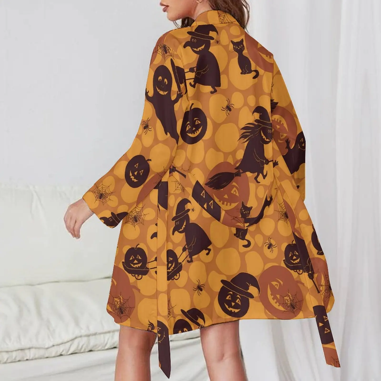 Happy Haunts Pajama Robe Halloween Symbols Long Sleeve Lovely Pajamas Robes Women V Neck Casual Loose Nightgown Design Dress