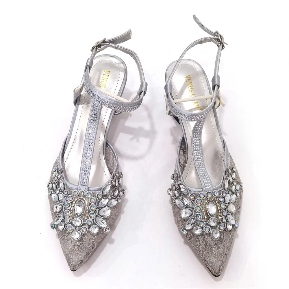 Daily Wear Comfortable Ltalian Design Silver Color Rhinestones Decoration Pointed Toe High Heels Party Ladies Shoes Bag Set