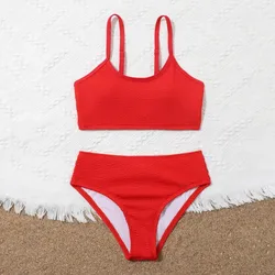 2 sztuki kostium kąpielowy dla dzieci stanik + spodenki Bikini letnie dziewczyny solidne stroje kąpielowe dla dzieci nastolatek strój kąpielowy odzież do surfingu plażowego 7-14Y