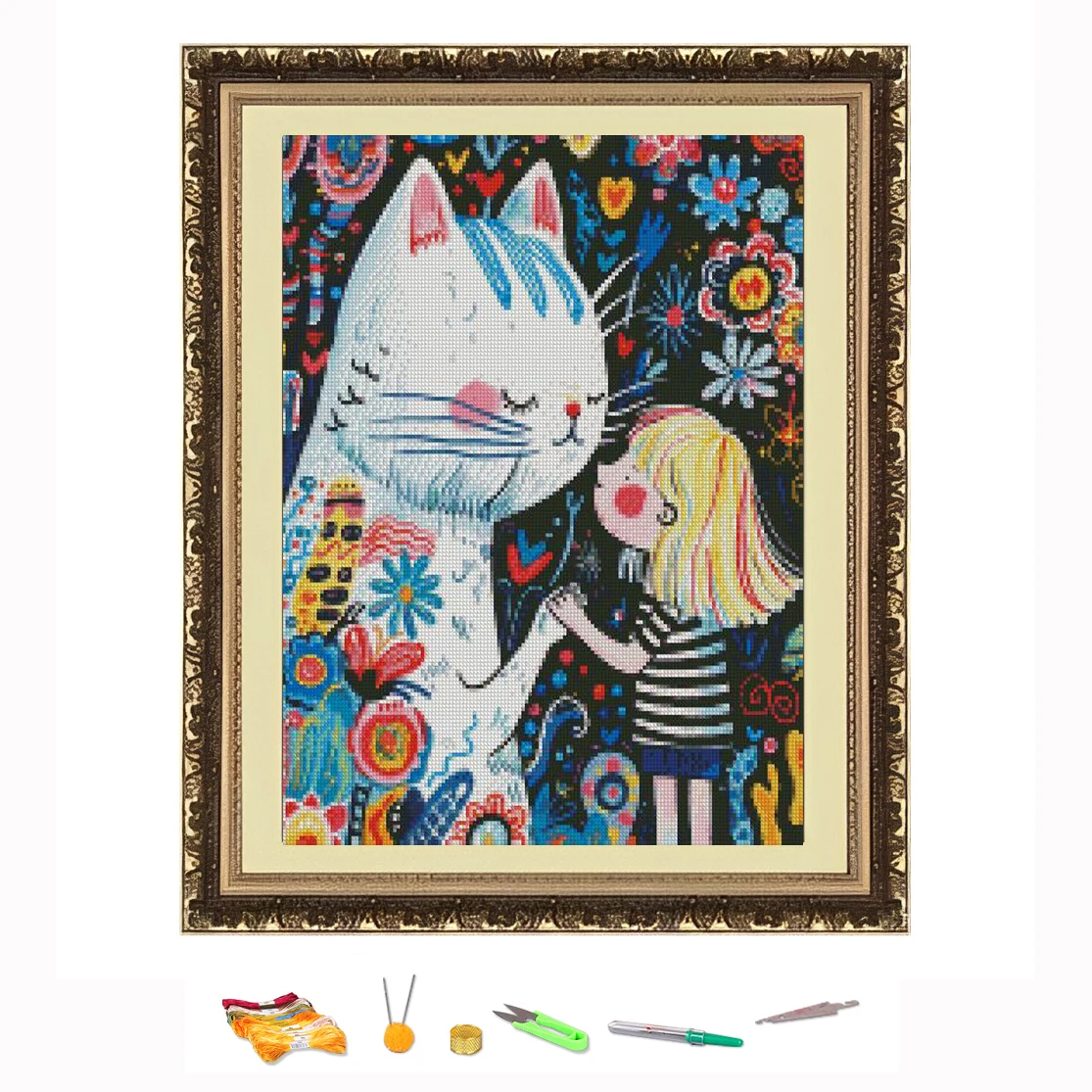 Cross Stitch Embroidery Kit Child And Cat Landscape Thread Drawing DIY Needlework Kit Quantity Printed on Canvas11CT