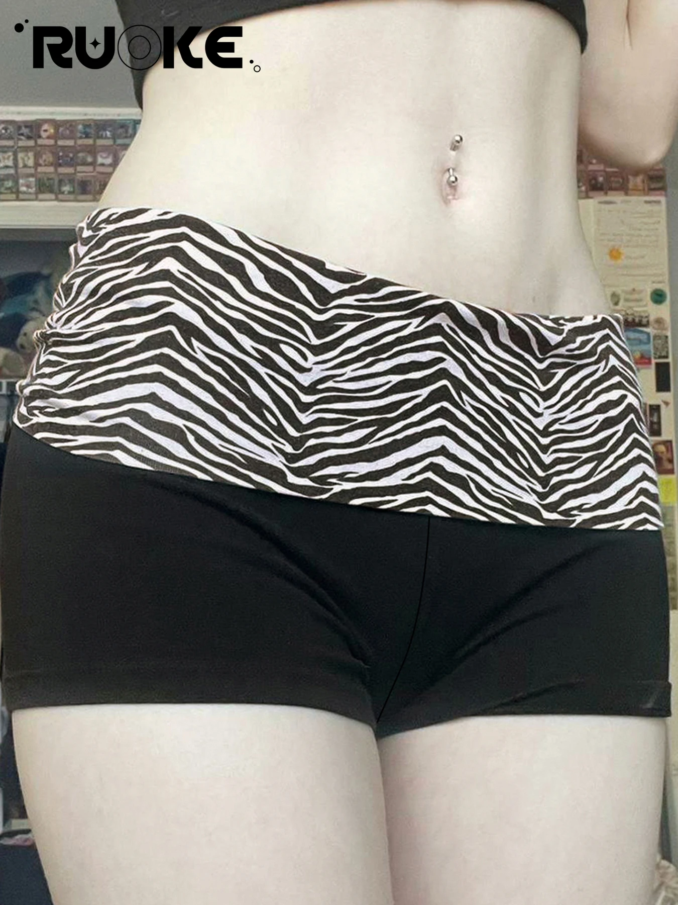 [RUOKE] Casual Zebra-striped Printed Women Shorts Fashion Contrasting Patchwork Low Waist Skinny Mini Shorts Lounge Knit Bottoms