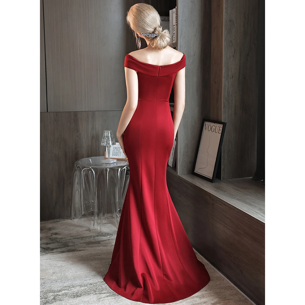 DEERVEADO Off Shoulder Soft Satin Mermaid Evening Dress with Train Wine Red Formal Party Dresses Women Sexy Long Prom Dress