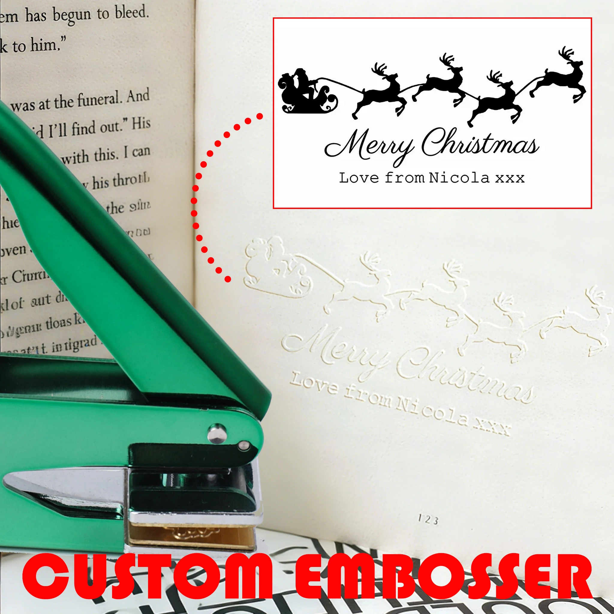 Glänzender grüner individueller Embosser/Clip-Stempel, Weihnachtswünsche-Design, personalisiertes Bibliotheksbuch-Embosser-Siegel für DIY-Grußkarten