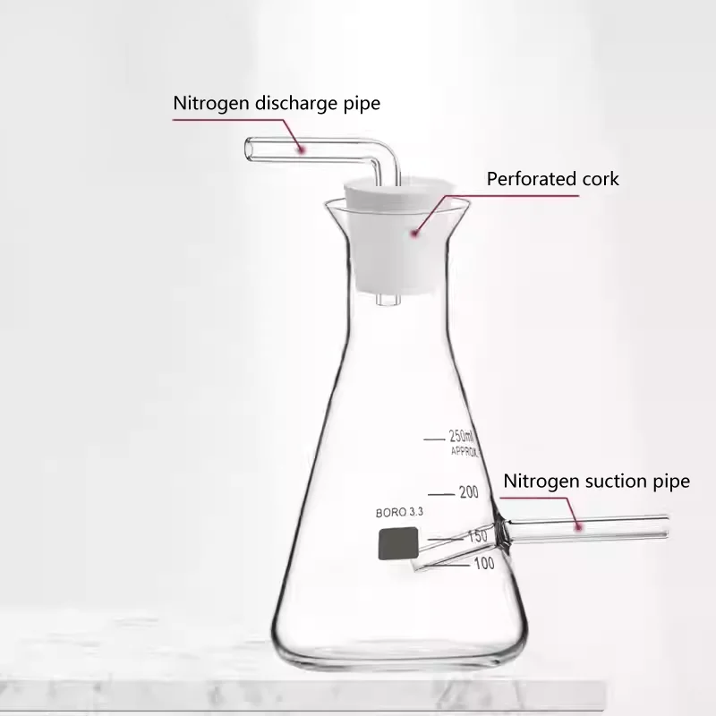 Acidity pH titration laboratory glassware with nitrogen blowing tube plug conical flask - view 2