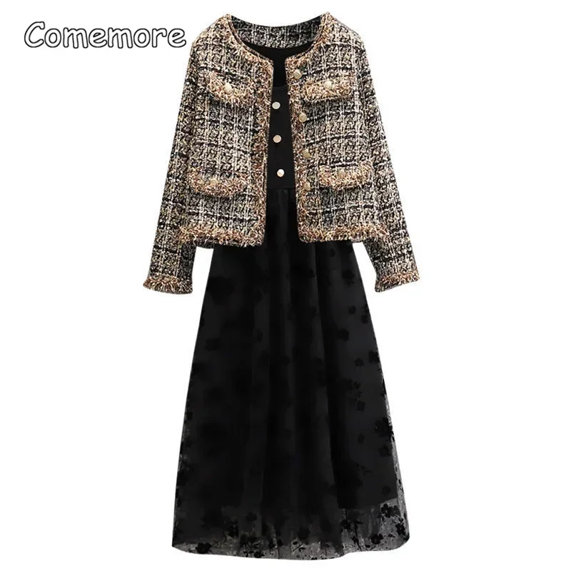 Comemore 2023 New Autumn Vintage Tweed Jacket Coat Women Patchwork Korean Cropped Coats Elegant Short Outerwear Winter Clothes