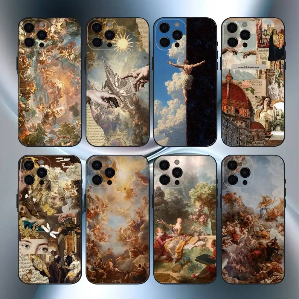 เคสโทรศัพท์กันกระแทก ลายศิลปะเรอเนซองส์ สำหรับ iPhone17,16,15,14,13,12,11 Plus,Pro Max  แบบนิ่ม สีดำ