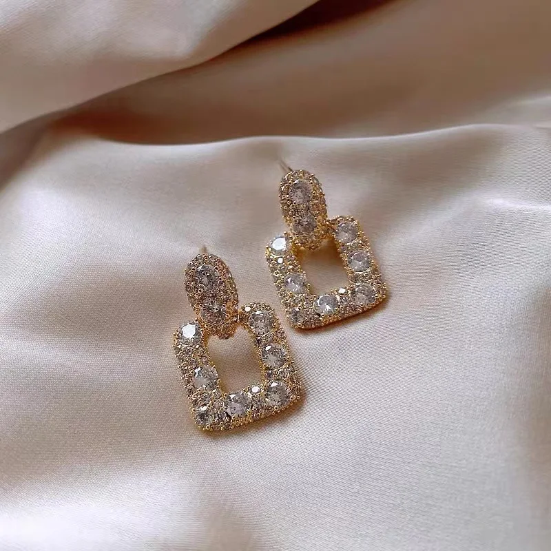 2023 Korean Fashion Shining Rhinestone Hollow Square Drop Earrings for Women Girls Vintage Crystal Luxury Jewelry Party Gifts