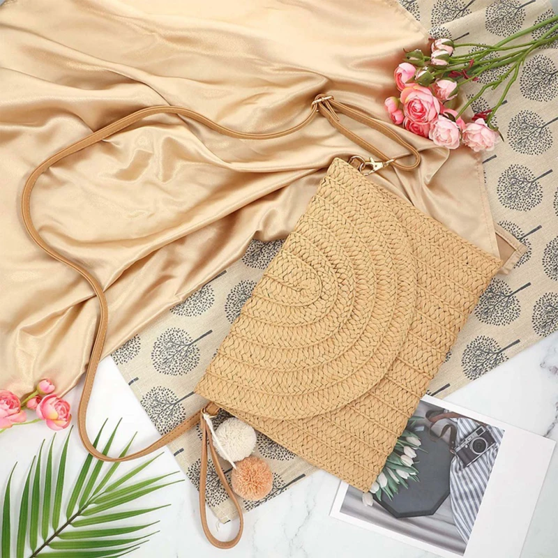 Straw Woven Shoulder Crossbody Bag Beach Clutch Handbag Casual Summer Handmade Envelope Bags for Women Totes Purse