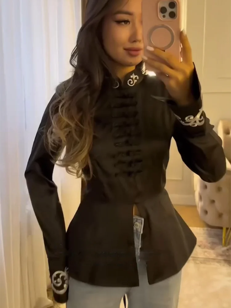 Elegant Solid Color Fitted Women Coat Chic Mandarin Collar Embroidered Full Sleeve Peplum Slim Jacket Lady Streetwear 2026 New