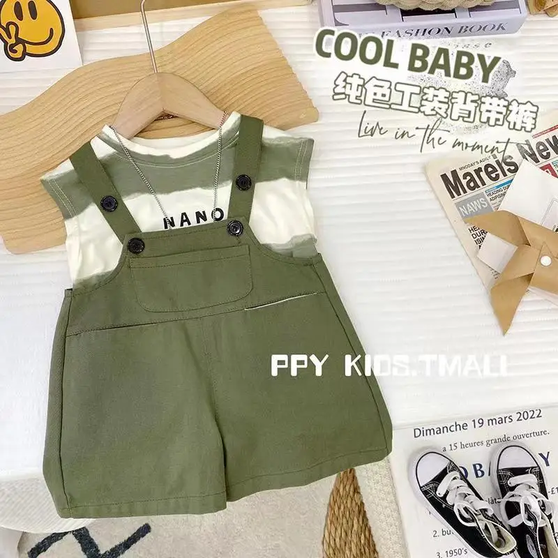 

Kids Boys Strap Pants Set 2023 Summer Girls New Korean Edition Foreigner Stripe T-shirt Childrens Loose Strap Two Piece Set