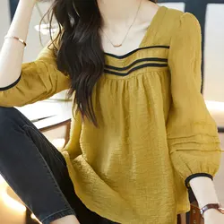 Vintage Striped Contrasting Colors Blouse Elegant Square Collar Spring Summer 3/4 Sleeve Female Clothing Stylish All-match Shirt