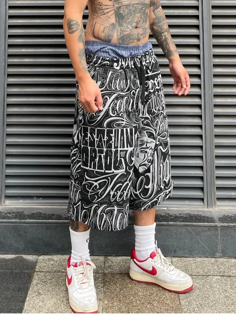 Hip Hop Sweatpants Mens Pants Streetwear Harajuku Printed Drawstring Capris Pants Fashion Loose Trousers Casual Baggy Joggers