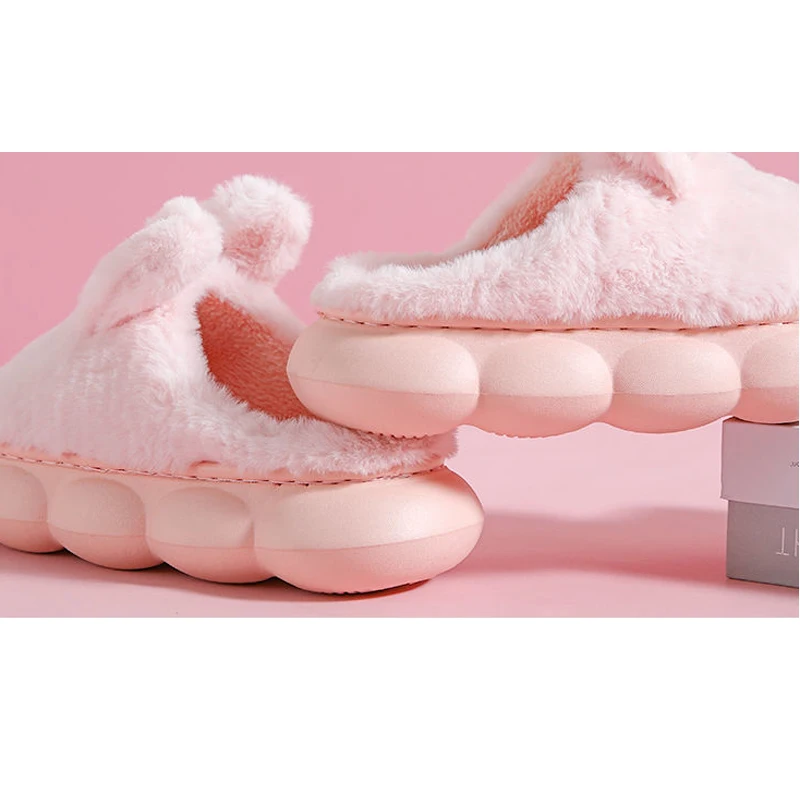 White Rabbit Ear Fluffy Slippers Women Winter Shoes Ladies Platform High Heel Slipper Girls Height Increasing Indoor Furry Shoes