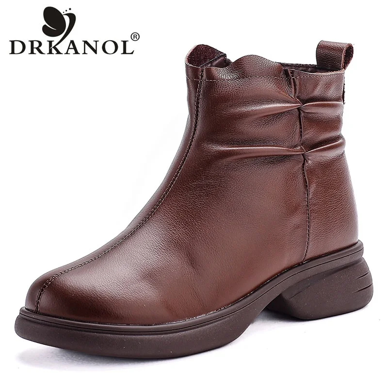 

DRKANOL модные женские зимние теплые плюшевые ботинки, плиссированные зимние ботинки из натуральной коровьей кожи на толстом каблуке с боковой молнией ручной работы в стиле ретро