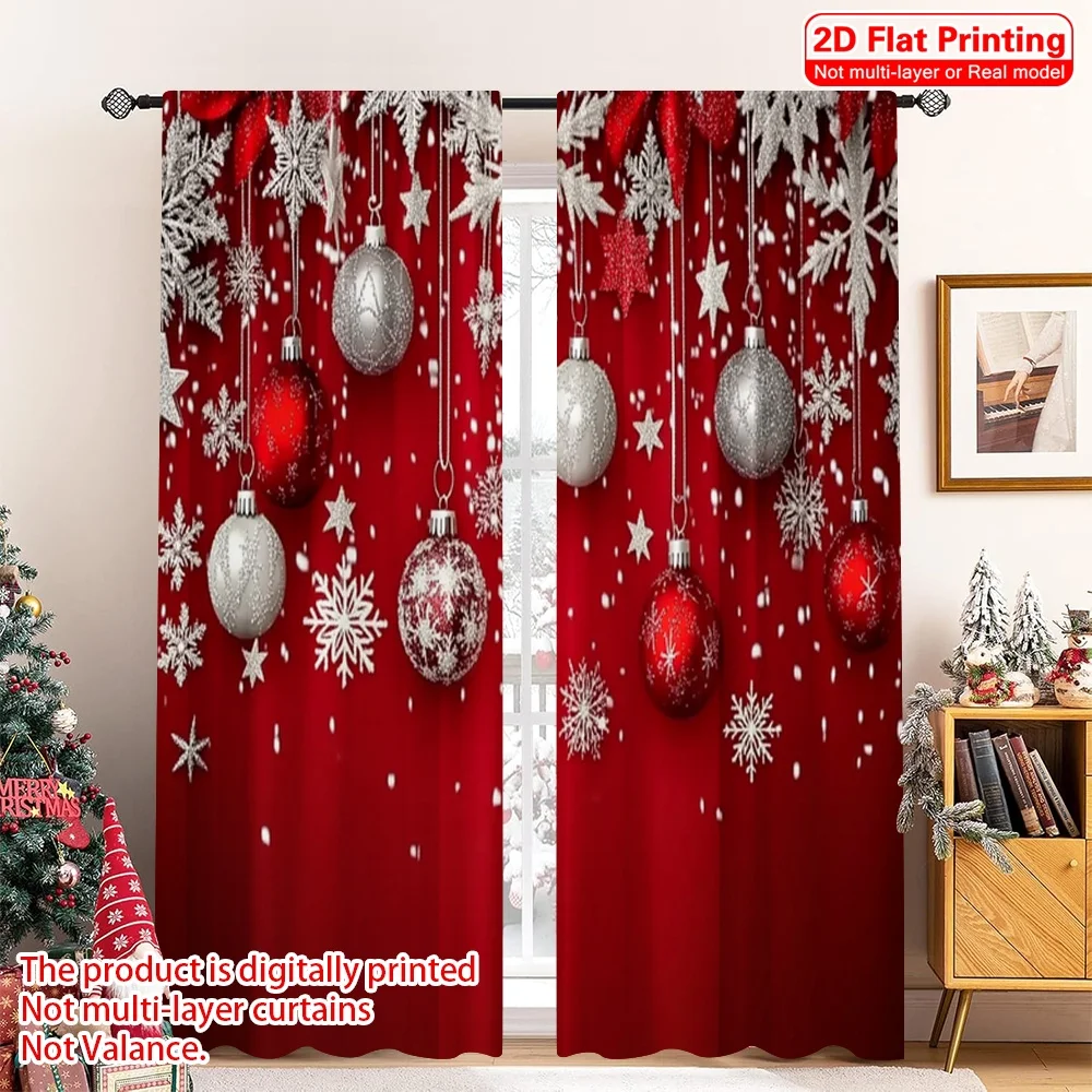 

2D flat printing 2pcs Merry Christmas Scene Curtains Happy Christmas Silver Snowflakes_ Versatile Durable Polyester Without