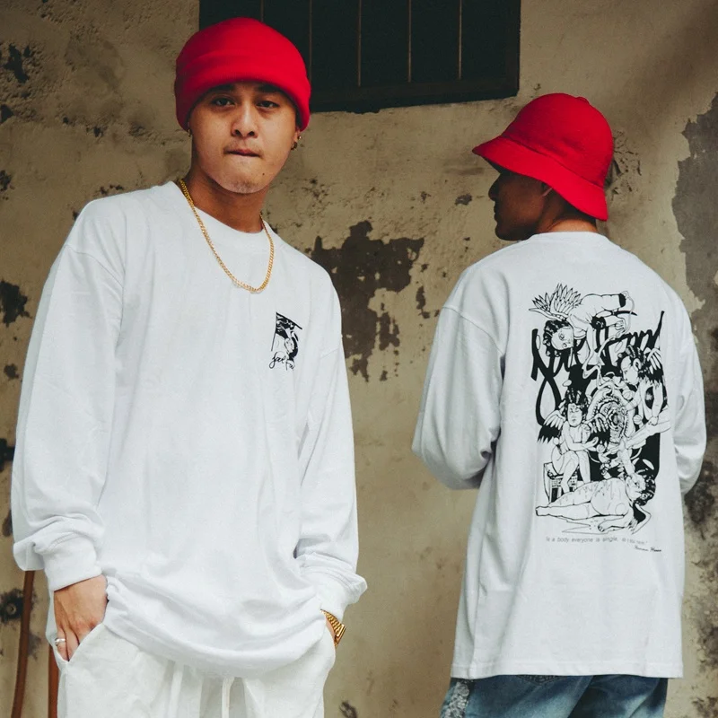 

Loose Long Sleeve T-Shirt Soulfood Angel Hip Hop Street Dance Skateboard Rap Small Collar Loose Fit Regular Thickness Autumn ...