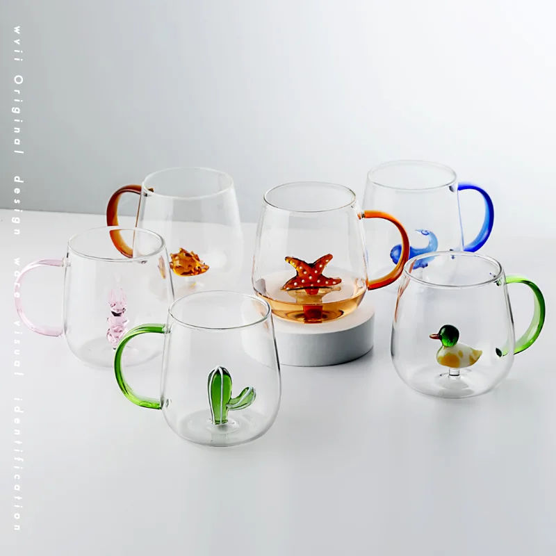 Fun Glass Cup 400ml Creative 3D Cactus Rose Duck Flamingo Animal Water Cup with Handle, Juice Coffee Drinking Cup